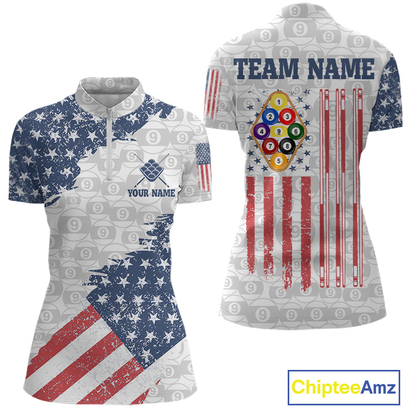 Grunge American Flag 9 Ball Billiard Shirt For Women Custom Patriotic Pool Team Jersey Polo, 1/4 Zip TDM5598