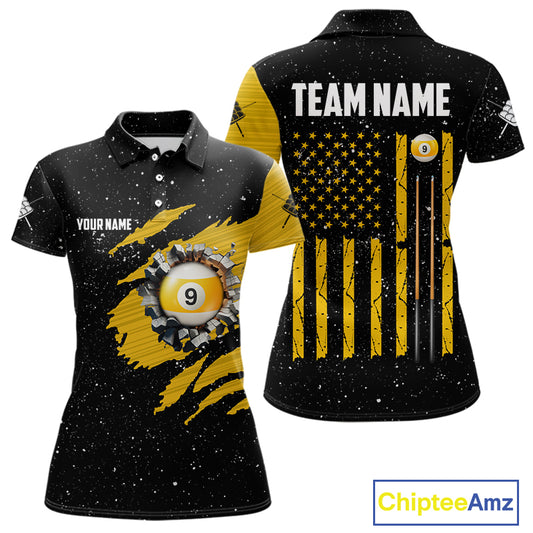 Yellow Black Grunge American Flag 9 Ball Women's Billiard Shirt Custom 9 Ball Pool Team Jersey TDM5599