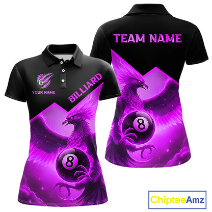 Purple 8 Ball Flame Phoenix Billiard Shirt For Women Custom Pool Team Jersey Polo & Quarter Zip TDM5605