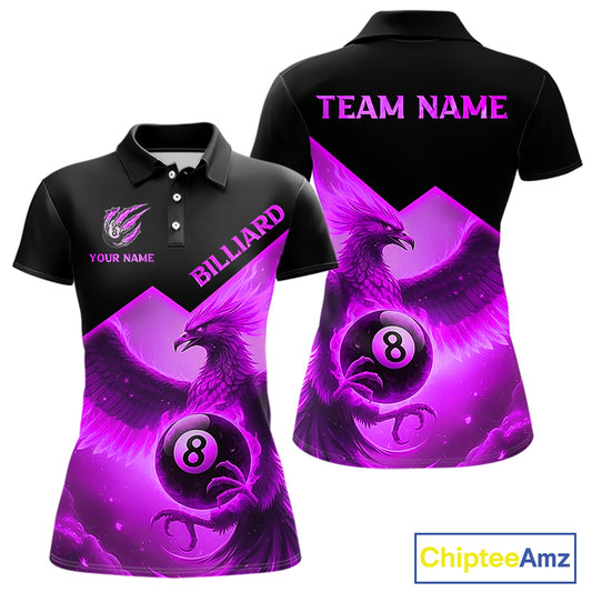 Purple 8 Ball Flame Phoenix Billiard Shirt For Women Custom Pool Team Jersey Polo & Quarter Zip TDM5605