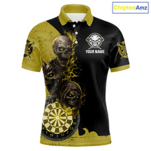 Load image into Gallery viewer, Personalized Yellow Black Skull Smoke Darts Shirt For Men Custom Darts Team Jersey Polo &amp;1/4 Zip TDM5837
