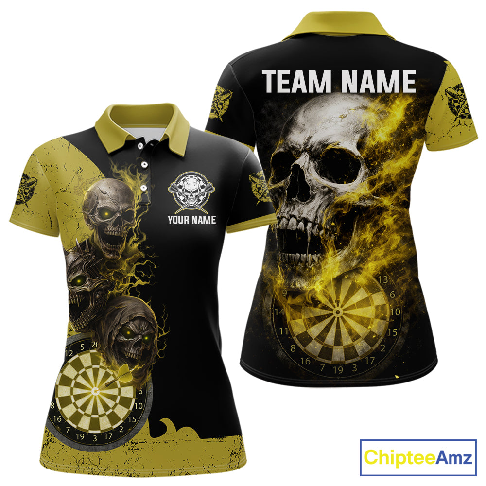 Personalized Yellow Black Skull Smoke Darts Shirt For Women Custom Darts Team Jersey Polo &1/4 Zip TDM5837