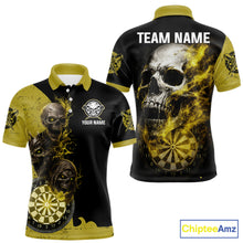 Load image into Gallery viewer, Personalized Yellow Black Skull Smoke Darts Shirt For Men Custom Darts Team Jersey Polo &amp;1/4 Zip TDM5837