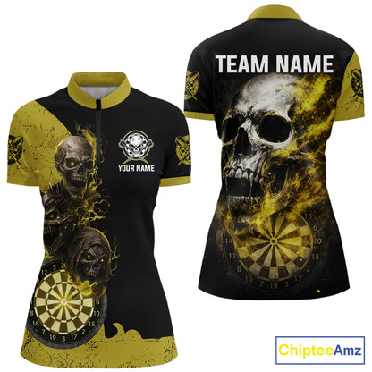 Personalized Yellow Black Skull Smoke Darts Shirt For Women Custom Darts Team Jersey Polo &1/4 Zip TDM5837