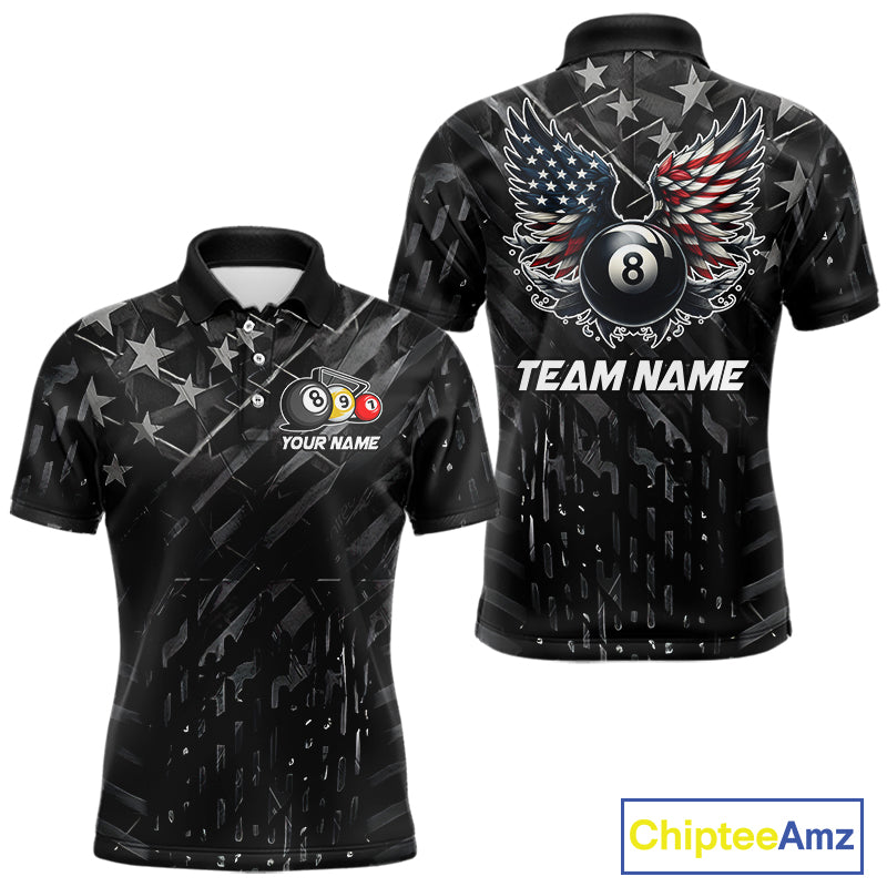 Black US Flag 8 Ball Pool Wings Billiard Shirt For Men Custom Billiard Team Jersey Polo & 1/4 Zip TDM5977
