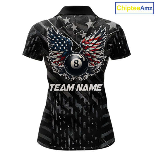 Black US Flag 8 Ball Pool Wings Billiard Shirt For Women Custom Billiard Team Jersey Polo & 1/4 Zip TDM5977