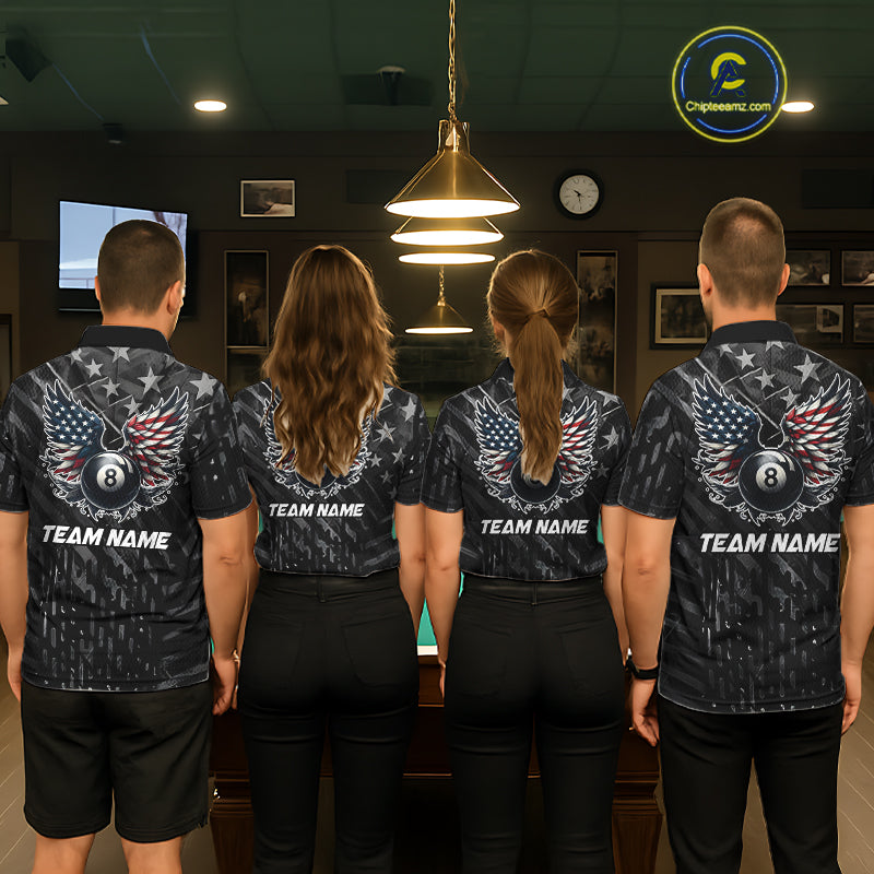 Black US Flag 8 Ball Pool Wings Billiard Shirt For Men Custom Billiard Team Jersey Polo & 1/4 Zip TDM5977