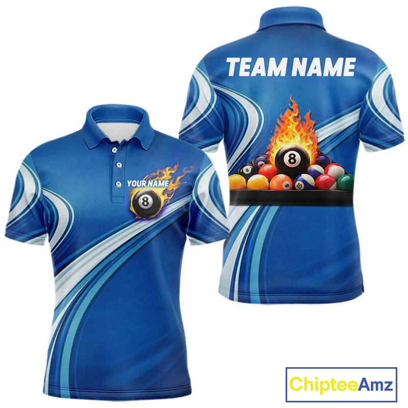 Personalized Blue Billiard Jersey For Men Custom Flame 8 Ball Pool Billiard Shirt Polo & 1/4 Zip TDM6448