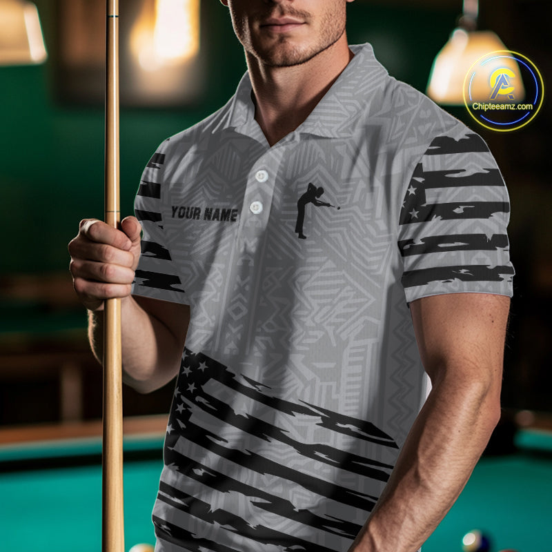 Personalized Grey US Flag 8 Ball Billiard Shirt For Men Custom Billiard Team Shirt, Pool Jerseys TDM4903