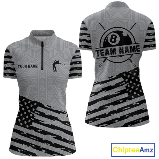 Personalized Grey US Flag 8 Ball Billiard Shirt For Women Custom Billiard Team Shirt, Pool Jerseys TDM4903