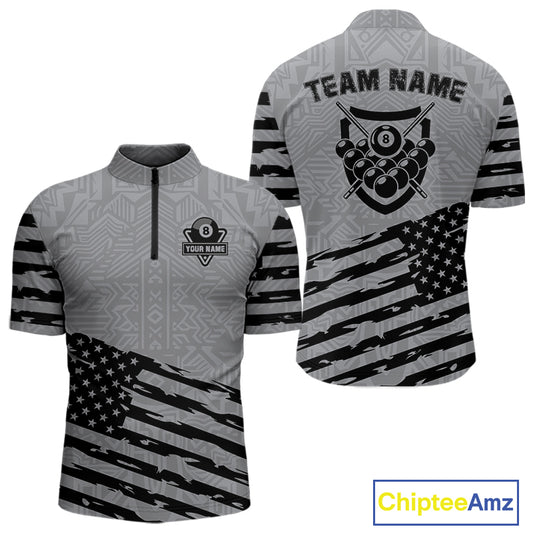 Personalized Grey US Flag 8 Ball Billiard Shirt For Men Custom Patriotic Billiard Pool Jerseys TDM4904
