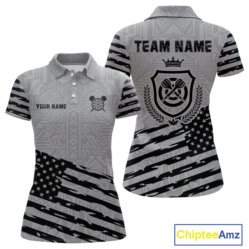 Personalized Grey US Flag Darts Shirt For Women Custom Darts Jersey, Darts Tournament Team Shirts TDM4905