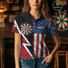 Load image into Gallery viewer, Personalized Grunge American Flag Women&#39;s Dart Shirts Custom Patriotic Darts Team Jersey Polo &amp; 1/4 Zip TDM4907