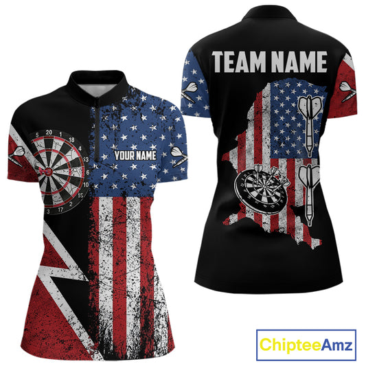 Personalized Grunge American Flag Women's Dart Shirts Custom Patriotic Darts Team Jersey Polo & 1/4 Zip TDM4907