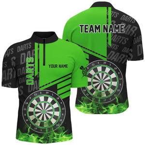 Black And Green Fire Darts Shirts For Men Custom Darts League Team Jerseys Darts Polo & 1/4 Zip TDM2880