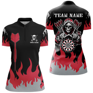 Personalized Dart Arrow And Flame Pattern Custom Women Dart Shirts, Death Skeleton Scary Dart Jerseys TDM2884