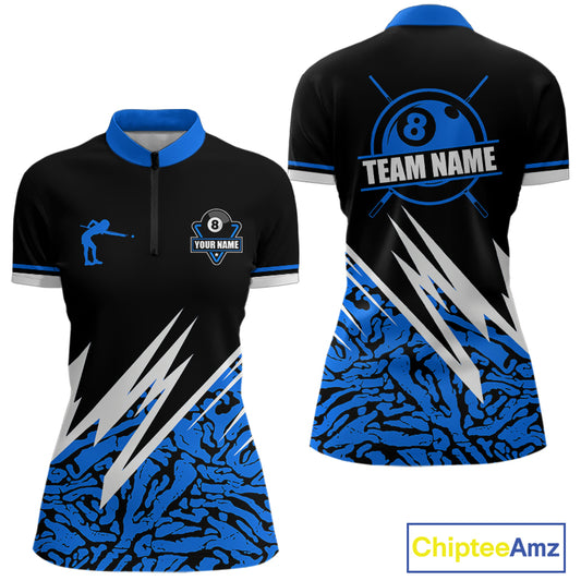 Personalized 8 Ball Billiard Jersey For Women Custom Black And Blue Pool Team Shirt Polo & 1/4 Zip TDM5339