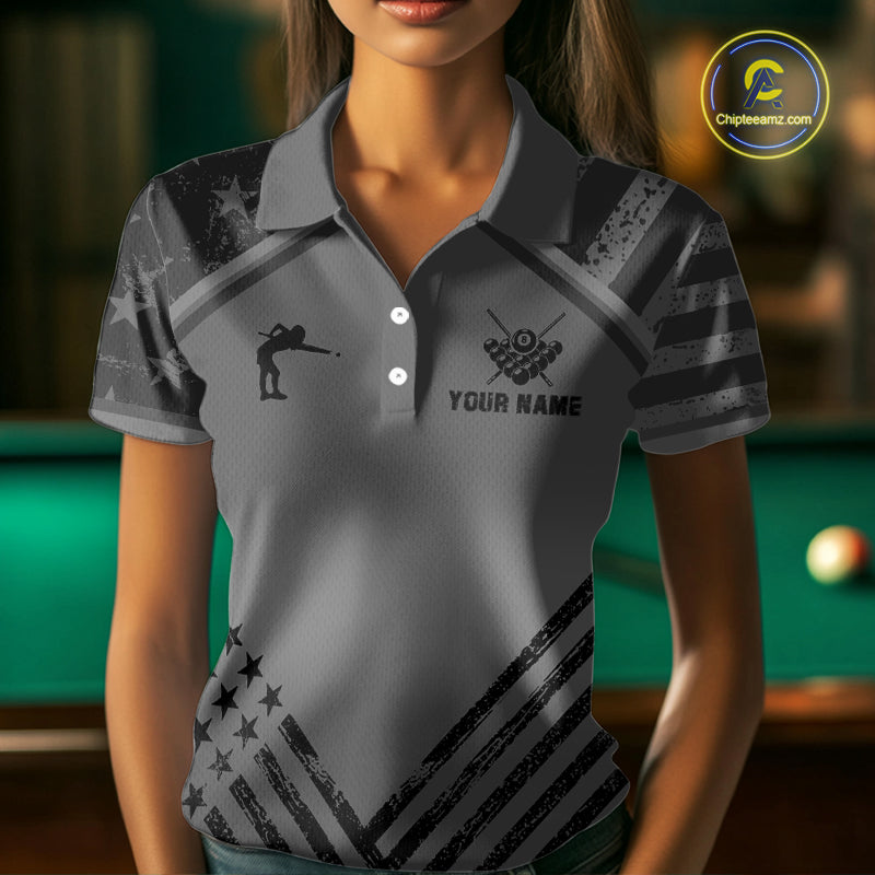 Personalized Grey US Flag 8 Ball Billiard Shirt For Women Custom Billiard Team Shirt, Pool Jerseys TDM5608