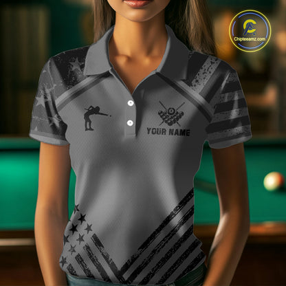 Personalized Grey US Flag 8 Ball Billiard Shirt For Women Custom Billiard Team Shirt, Pool Jerseys TDM5608