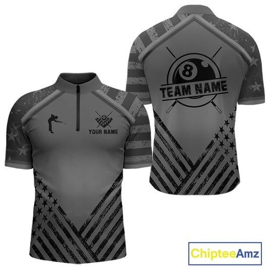 Personalized Grey US Flag 8 Ball Billiard Shirt For Men Custom Billiard Team Shirt, Pool Jerseys TDM5608
