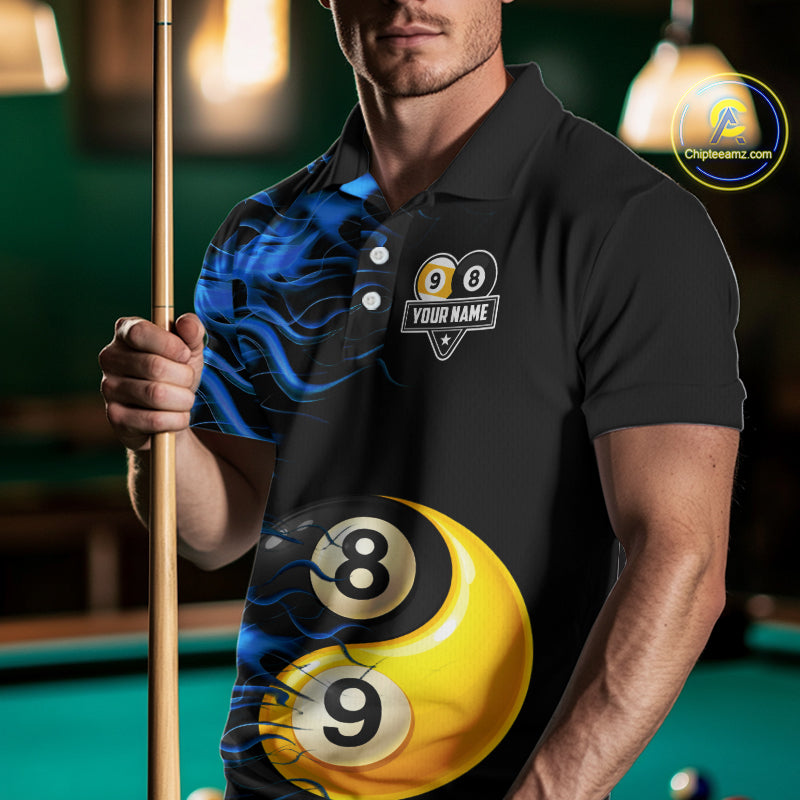 Blue Flaming 8 & 9 Ball Yin-Yang Billiard Shirt For Men Custom Pool Team Jersey Polo & 1/4 Zip TDM5984