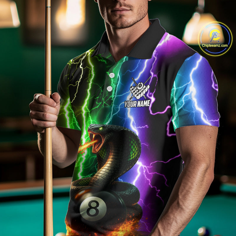 Colorful Lightning Cobra Snake 8 Ball Billiard Shirt For Men Custom Pool Team Jersey Polo, 1/4 Zip TDM5986