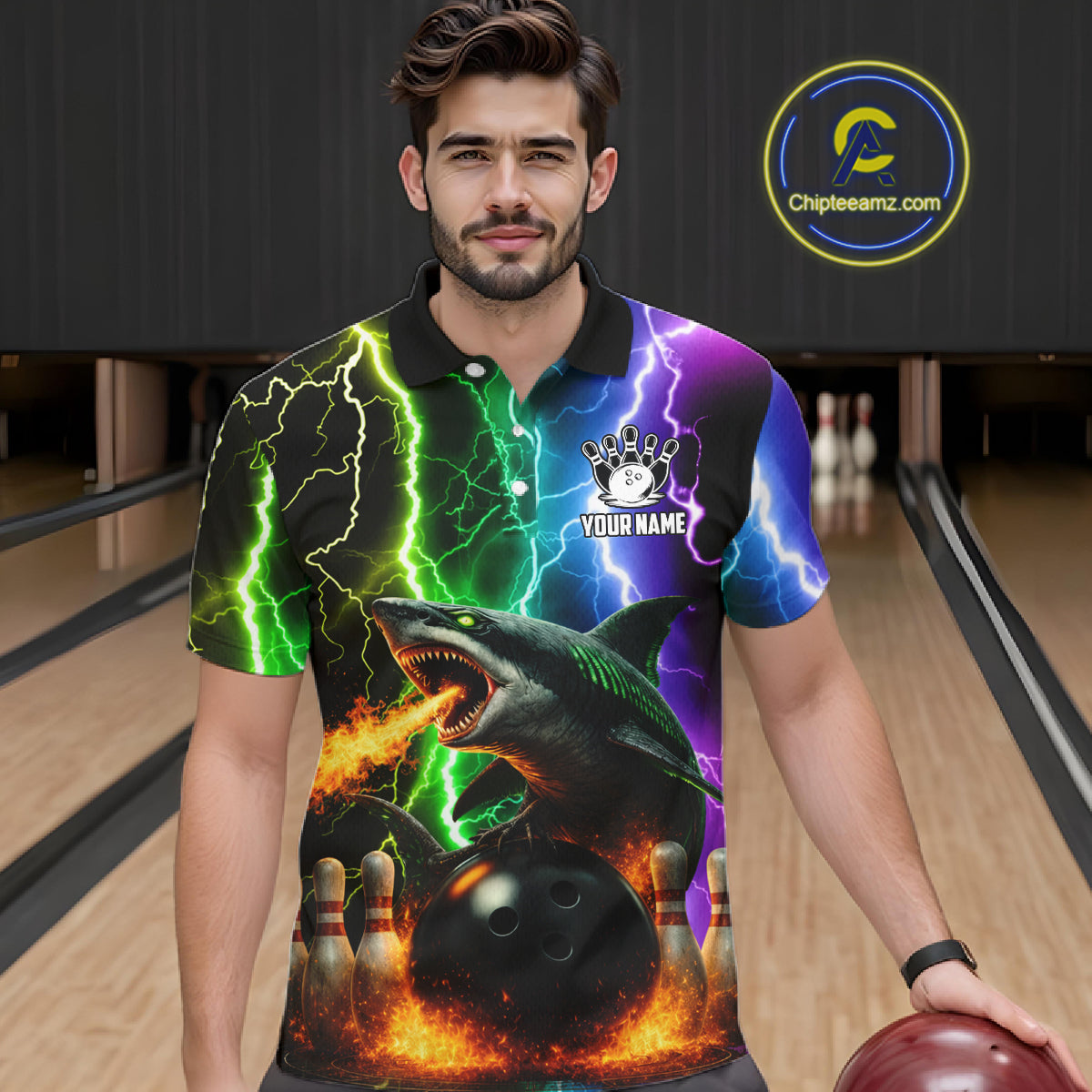 Colorful Lightning Shark Bowling Jersey For Men Custom Bowling Shirt Team Polo & Quarter Zip TDM5988