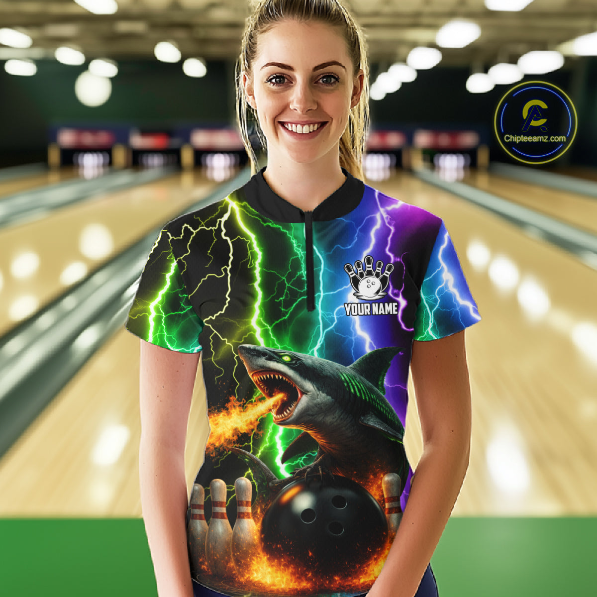 Colorful Lightning Shark Bowling Jersey For Women Custom Bowling Shirt Team Polo & Quarter Zip TDM5988