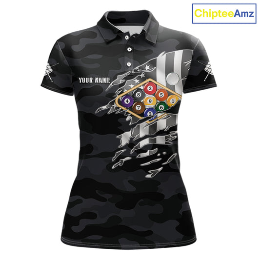 Personalized Camouflage US Flag Billiard Shirt For Women, 9 Ball Pool Team Jersey Polo & 1/4 Zip TDM5992