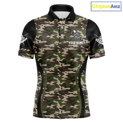 Personalized Green Camo Skull Billiard Shirt For Men, 8 Ball Billiard Team Jersey Polo & 1/4 Zip TDM5993