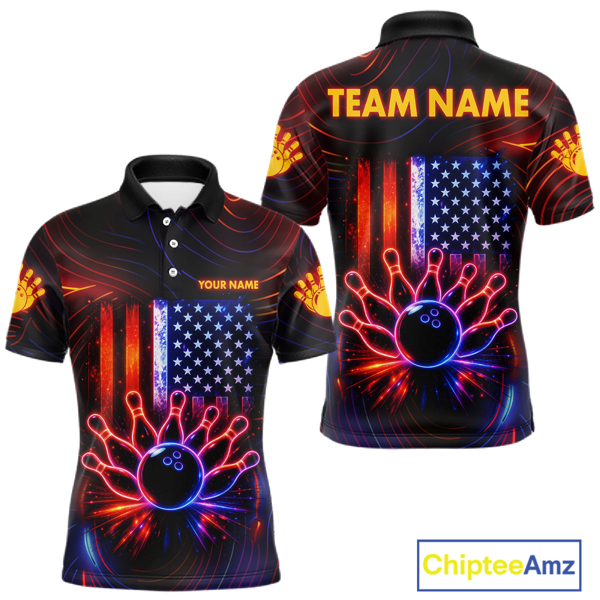 Custom Neon American Flag Bowling Shirt For Men, Patriotic Bowling Team Jersey Polo & 1/4 Zip TDM6221