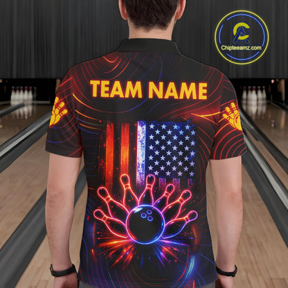 Custom Neon American Flag Bowling Shirt For Men, Patriotic Bowling Team Jersey Polo & 1/4 Zip TDM6221
