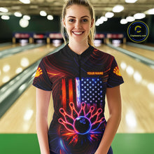 Load image into Gallery viewer, Custom Neon American Flag Bowling Shirt For Women, Patriotic Bowling Team Jersey Polo &amp; 1/4 Zip TDM6221