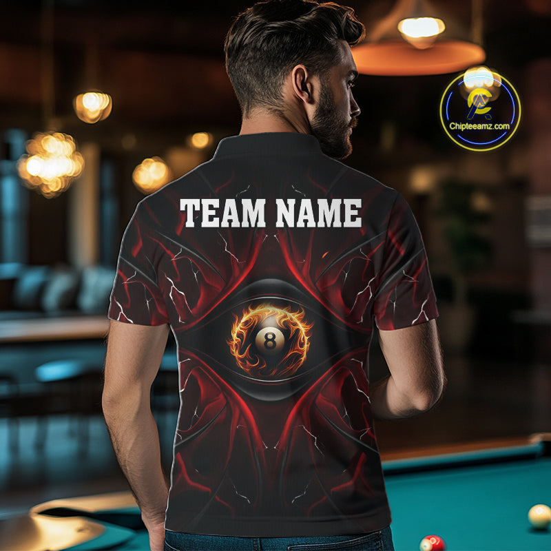 Back view of man wearing a black and red flame pool team shirt in a billiards hall.