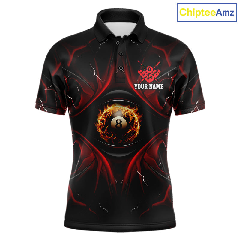 Men’s black and red flame 8 ball eyes pool polo shirt with bold billiard team graphics.