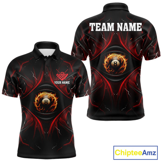 Men’s black and red flame 8 ball eyes pool polo shirt with bold billiard team graphics.