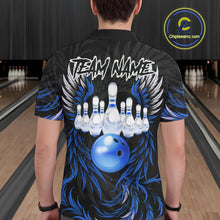 Load image into Gallery viewer, Man wearing black and blue phoenix wings bowling polo shirt back view.