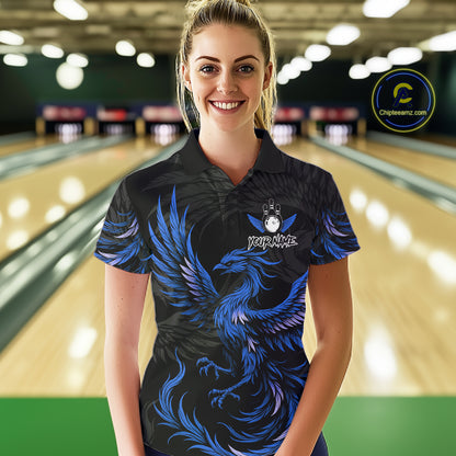 Woman wearing black and blue phoenix wings bowling polo shirt front view.