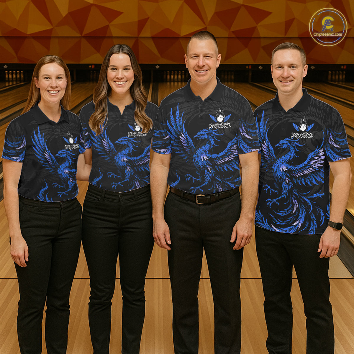 Bowling team wearing matching black and blue phoenix wings jerseys front view.