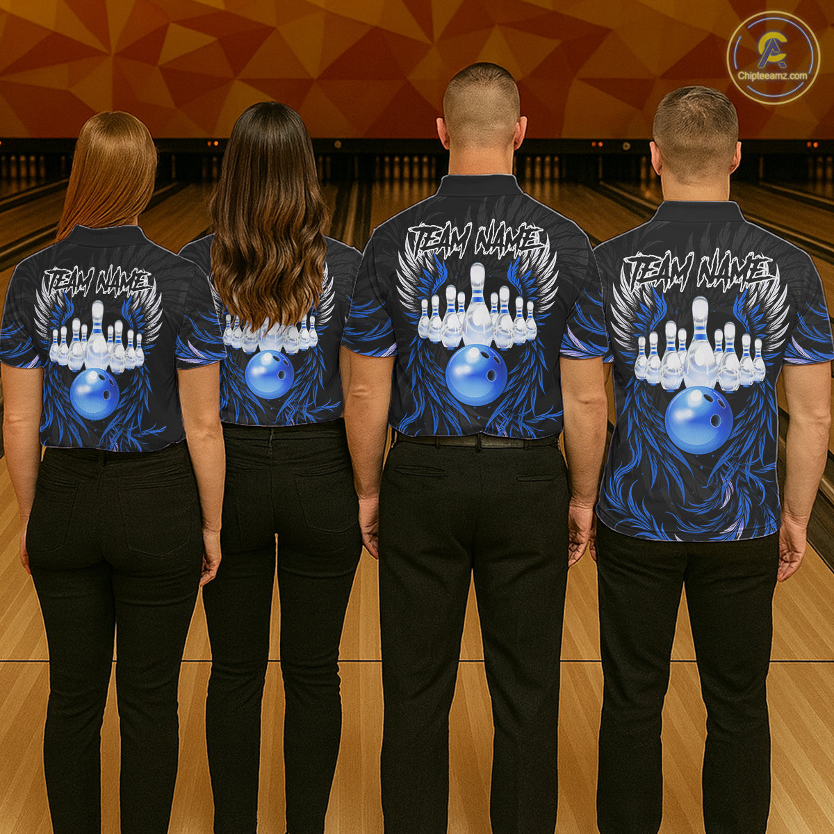 Bowling team wearing matching black and blue phoenix wings jerseys back view.