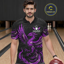 Load image into Gallery viewer, Man wearing black and purple phoenix wings bowling polo shirt front view.