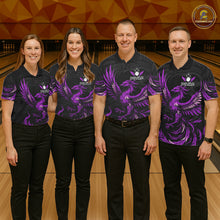 Load image into Gallery viewer, Bowling team wearing matching black and purple phoenix wings jerseys front view.