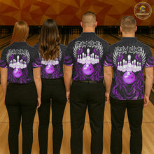 Load image into Gallery viewer, Bowling team wearing matching black and purple phoenix wings jerseys back view.