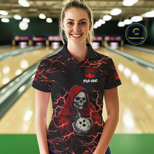 Load image into Gallery viewer, Woman wearing black and red grim reaper lightning bowling polo shirt front view.