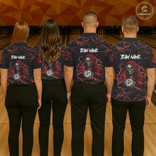 Load image into Gallery viewer, Bowling team wearing matching black and red grim reaper lightning jerseys back view.