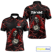 Load image into Gallery viewer, Black and red grim reaper lightning bowling team polo shirt for men.