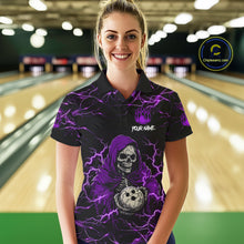 Load image into Gallery viewer, Woman wearing purple grim reaper lightning bowling polo shirt front view.