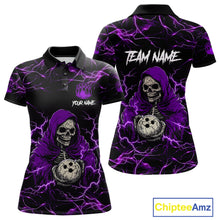 Load image into Gallery viewer, Purple grim reaper lightning bowling polo shirt for women, custom bowling league team jersey.
