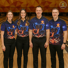 Load image into Gallery viewer, Bowling team wearing matching blue lightning cobra jerseys front view.