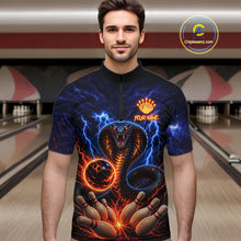 Load image into Gallery viewer, Man wearing blue lightning cobra bowling quarter zip shirt front view.
